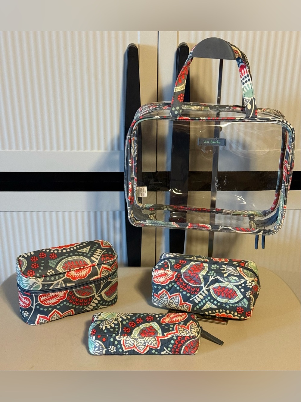 Vera Bradley Beautiful Floral Clear Travel Bag Set in Grey Coral Aqua and Cream